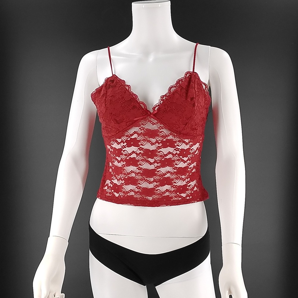 Faded Rose Red Floral Lace Camisole Sheer V-Neck Adjustable Straps Top Medium